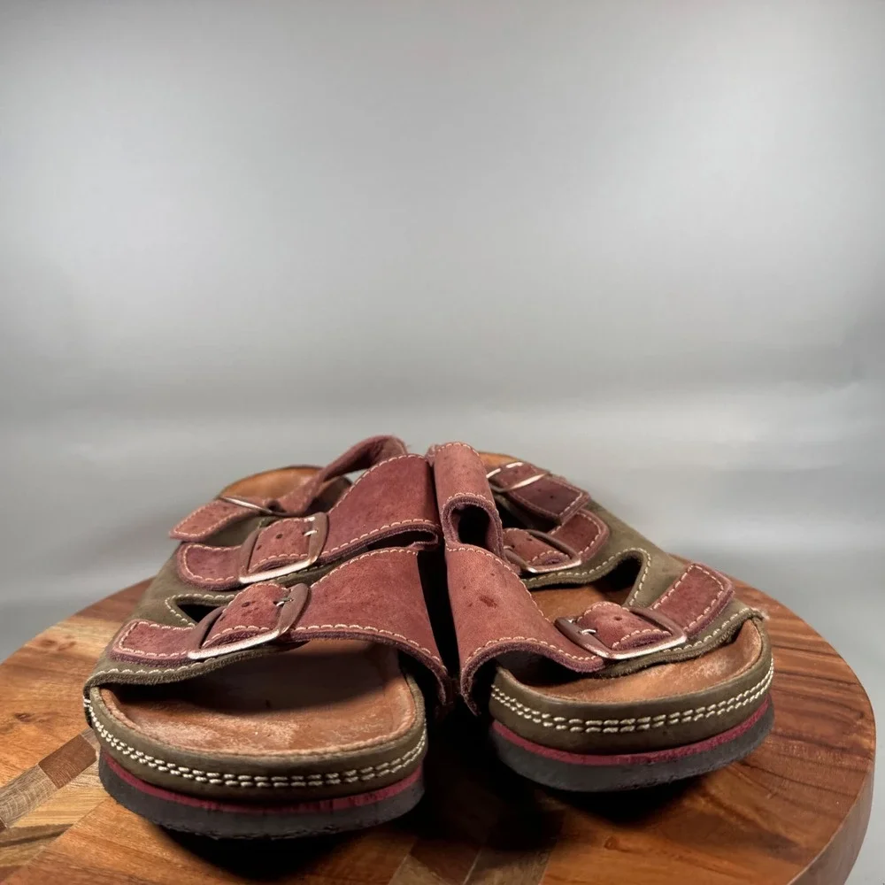 Bjorndal Mens 10 Leather Triple Buckle Slide Sandals Burgundy Made in Europe